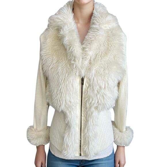 Roz & Ali Y2K faux fur cream zip up sweater mobwife coquette cottagecore - Picture 1 of 7